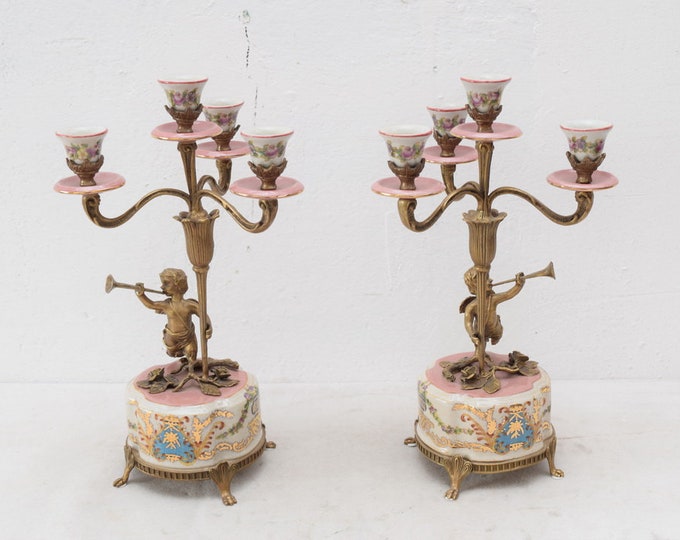 Pair Porcelain Candlesticks with Bronze  Ornaments - Playing Angel Candle Holder - Home and Office Decor - Gift Idea
