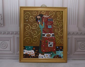 Klimt Style Painting: Abstract Couple Art on Wood