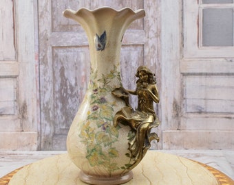 Flowerpot Porcelain with Bronze Ornaments - Vase Art Nouveau Act Woman - Home Decor - Foundry Mark - Floral Ornaments - Vintage Gift