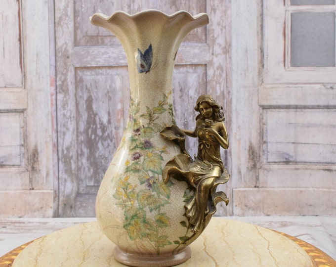 Flowerpot Porcelain with Bronze Ornaments - Vase Art Nouveau Act Woman - Home Decor - Foundry Mark - Floral Ornaments - Vintage Gift