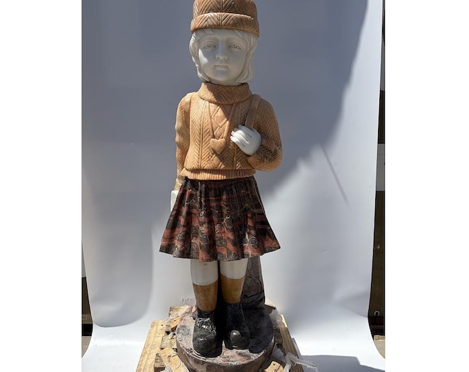 Large Vintage Marble Child Statue – French Style Garden Sculpture, Heavy Stone Figurine