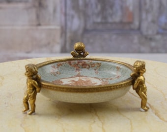 Porcelain Plateau with Bronze Ornaments - 3 Angels Bronze Statues - Porcelain with Flowers Ornaments - Art Nouveau Porcelain - Home Decor