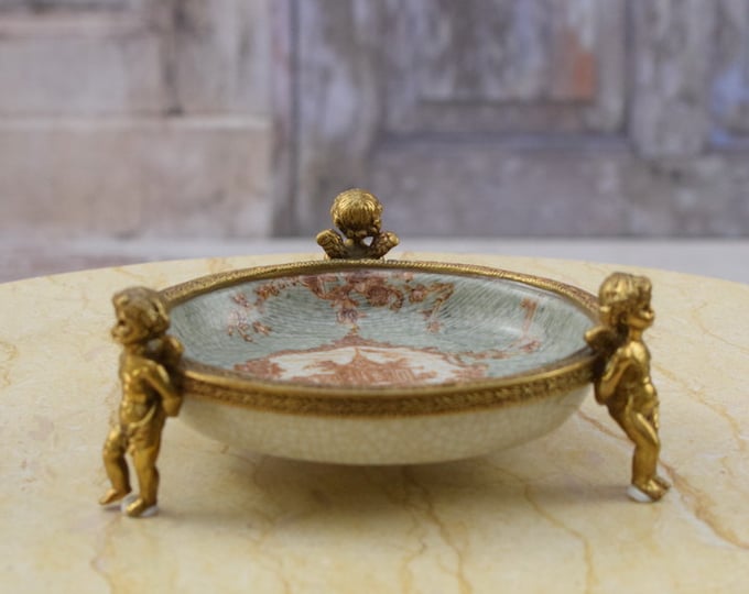Porcelain Plateau with Bronze Ornaments - 3 Angels Bronze Statues - Porcelain with Flowers Ornaments - Art Nouveau Porcelain - Home Decor