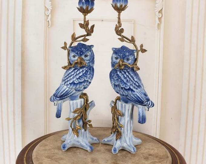 Pair Blue Porcelain Candlesticks With Bronze Ornaments Owl Candleholders Vintage Home Decor Unique Wedding Gift Antique Style