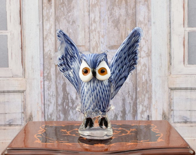 Navy Blue and White Murano Owl Statue - Murano Style Sculpture - Amazing Figurine from Venetian - Italy Product - Home Decor