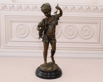 Unique Bronze - Baby Girl with Funny Cat - Young Girl on Chair - Gift Idea - Home Decor