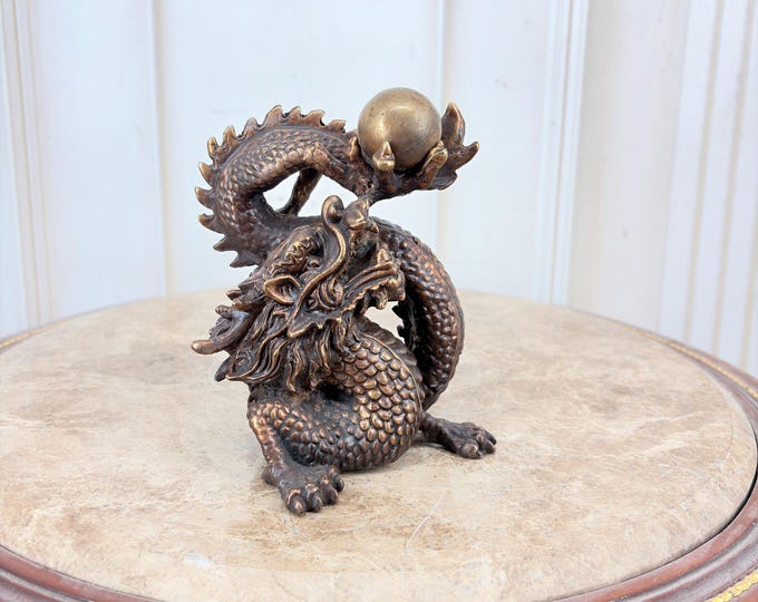 Vintage Japanese Dragon Bronze Statue - Dragon with Ball Figurine - Asian Mythology Decor