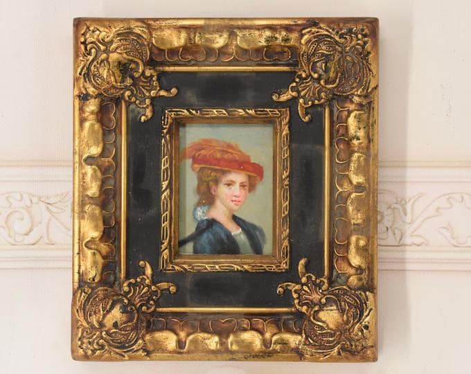 French Aristocrat Portrait Painting: Old Oil on Wood with Golden Frame
