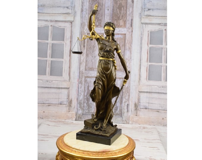 Large Bronze Lady Justice - Gilded Bronze Figurine on Marble Base - Signed Statue - Foundry Mark - Gift for Lawyer and Judge - Office Decor