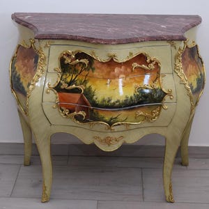 French Commode Louis XVI – Hand-Painted Floral Chest with Marble Top, Vintage Furniture – Elegant Home Decor – Gift Idea