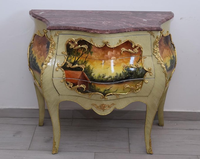 French Commode Louis XVI – Hand-Painted Floral Chest with Marble Top, Vintage Furniture – Elegant Home Decor – Gift Idea