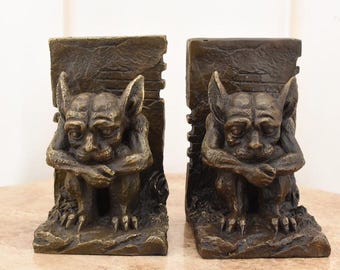 Sujetalibros de gnomo de bronce vintage / Decoración de biblioteca Art Déco francesa firmada