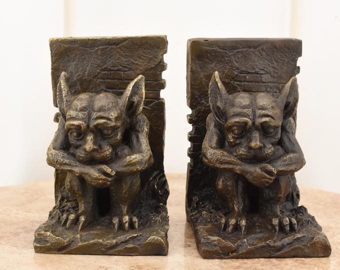 Pair of Vintage Bronze Gnome Bookends | Signed French Art Deco Figures | 1940s Bronze Sculptures | Antique Home Library Decor