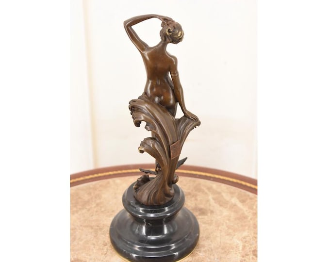 Bronze Female Statue with Swallow Bird - Vintage Art Deco Lady Sculpture - Mature Content