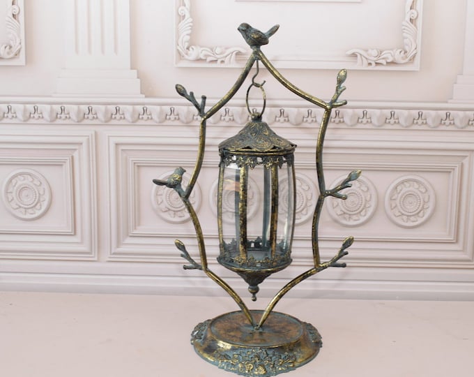 Beautifully Metal Lantern - Bird Latern - Candle Lamp - Decorated Lantern with Glass Windows - Luxury Gift for Home and Garden