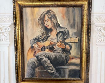Vintage Woman Playing Guitar Oil Painting - Boznanska Style - Oil on Canvas - Unique Polish Portrait Art