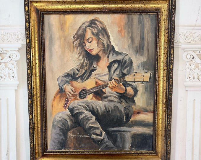 Vintage Woman Playing Guitar Oil Painting - Boznanska Style - Oil on Canvas - Unique Polish Portrait Art