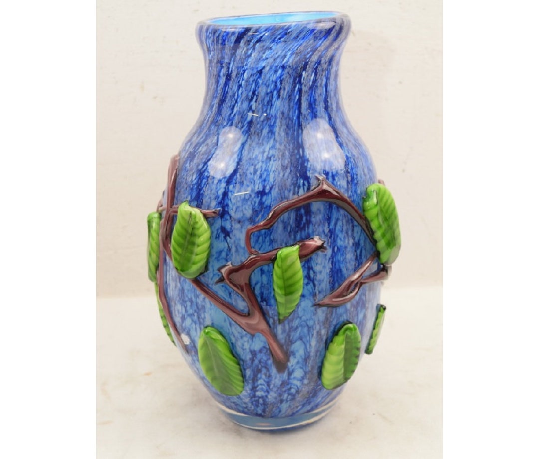 ヴィンテージムラーノスタイルガラス花瓶：青と緑の花の装飾、イタリア