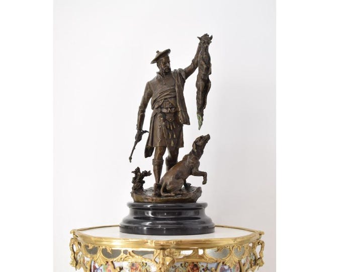 Bronze Sculpture of Hunter with Dog Holding a Fox – Signed French Sculpture – Elegant Decorative Figurine - Home and Office Decor - Gift