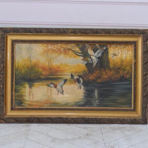 Oil Painting Ducks Over River – Autumn Hunting Scene – Golden Frame – Landscape Art – Vintage Gift – Rustic Wall Art – Collectible Gift