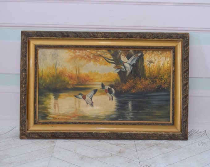Oil Painting Ducks Over River – Autumn Hunting Scene – Golden Frame – Landscape Art – Vintage Gift – Rustic Wall Art – Collectible Gift