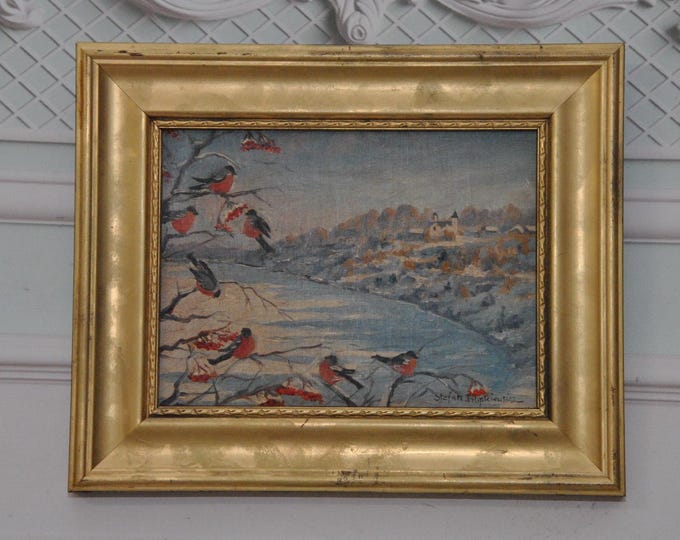 Antique Painting Landscape Winter - Filipkiewicz Art Work Painting - Polish Landscape - Wall Home Decor - Bullfinch Birds - Unique Gift