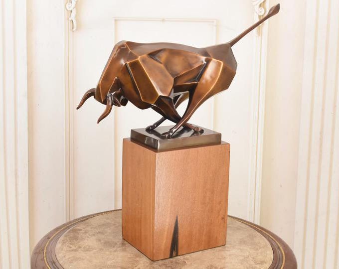 Large Bronze Bull Statue — Cubist Modernist Sculpture - Vintage Home Accent