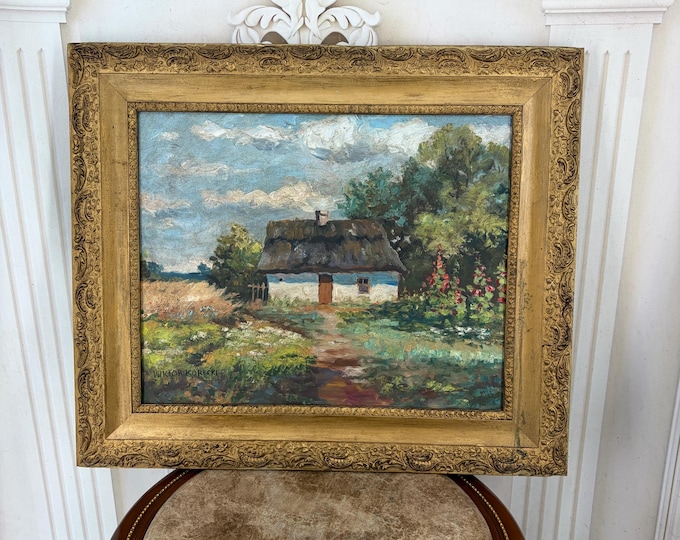 Antique Polish Village Painting: Country Hut Landscape (Signed)