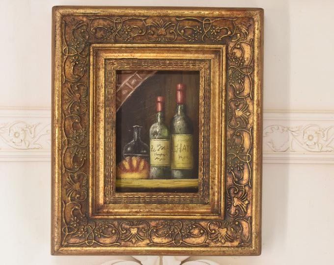 French Wine Still Life Oil Painting: Vintage Rustic Kitchen Art