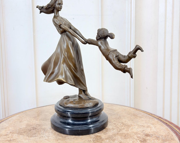 Vintage Mother and Daughter Dancing Statue - Holding Hands Figurine - Family Love Sculpture