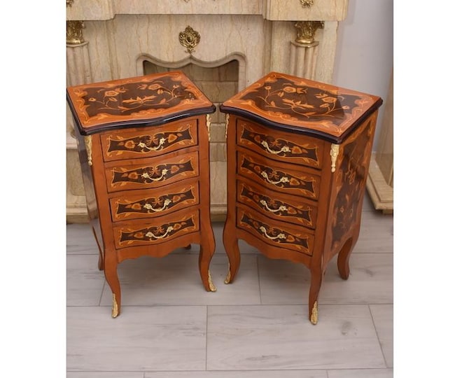 Pair French Louis XVI Style Commodes - Bronze Ornament Nightstands