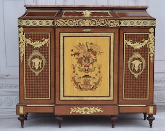 French Empire Marble Top Chest: Antique Inlaid Wood Cabinet with Brass