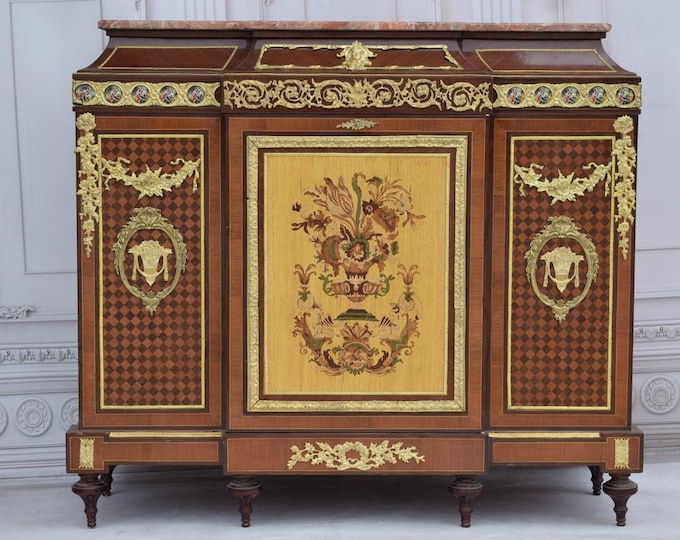 French Empire Marble Top Chest: Antique Inlaid Wood Cabinet with Brass