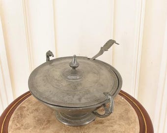 Antique Metal Soup Tureen with Ladle – Signed Steel Serving Bowl – Unique Vintage Kitchen Decor