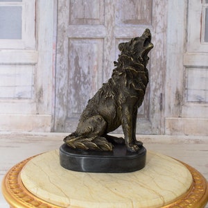 Realistic Sitting Howling Wolf Bronze Sculpture - Wolf Statue on Marble Base - Home Decor - Gift Idea - Add Your Engraved Personalization