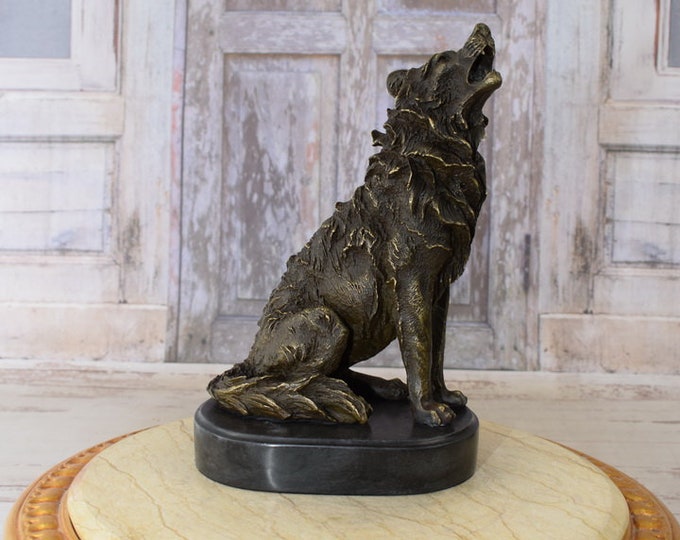 Realistic Sitting Howling Wolf Bronze Sculpture - Wolf Statue on Marble Base - Home Decor - Gift Idea - Add Your Engraved Personalization