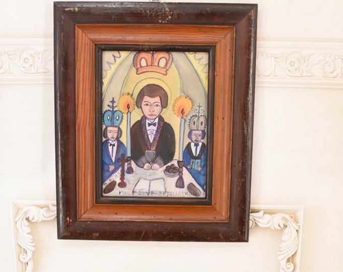 Nikifor Krynicki Painting – Portrait in Church, Pastel on Carton – Expressionist Sacred Interior