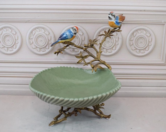 Porcelain Plateau with Bronze Ornaments - Two Birds on Branch and Flowers Motif - Bowl Antique - Home Decor - Gift for Wedding, Birthday