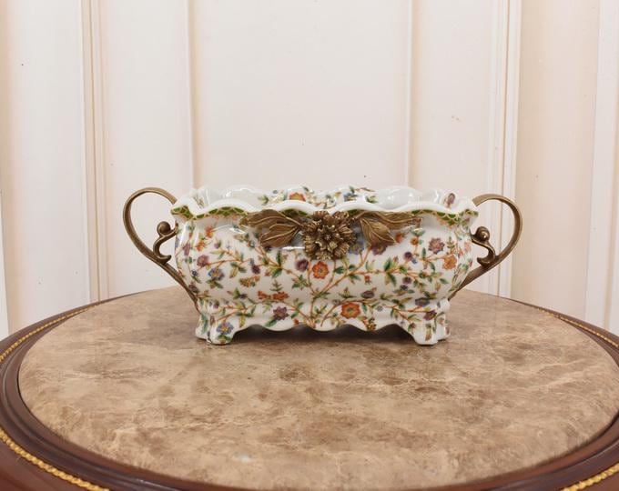 Vintage Porcelain Bowl: Floral Bronze Ornament Vase