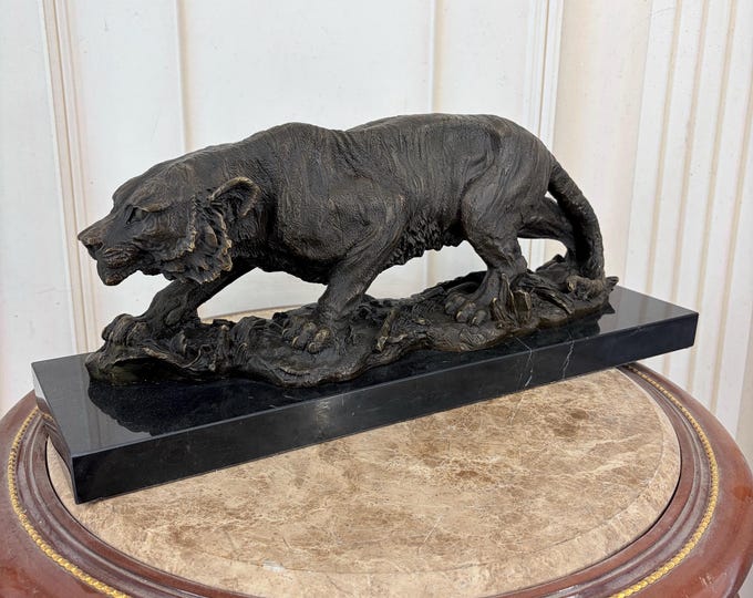 Limited Edition Barye Bronze Tiger Sculpture – Signed Panther Statue, Marble Base
