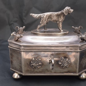 Antique Silver Sugar Box - Dog and Pheasants  Silver Hunter Sugar Bowl - Russian Silver Art Work - Handmade Antique Silver - Collector Item