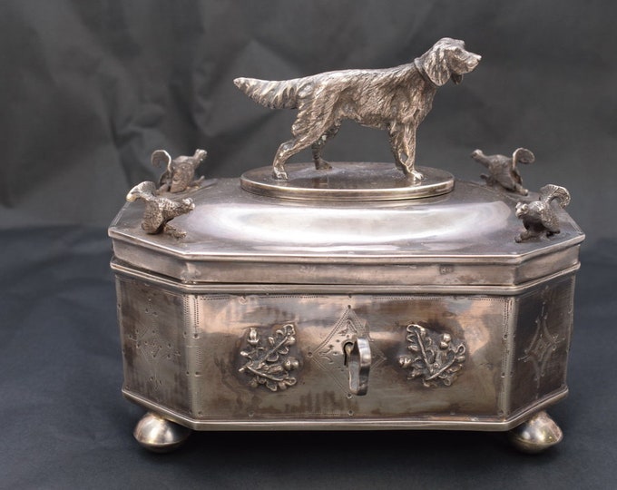 Antique Silver Sugar Box - Dog and Pheasants  Silver Hunter Sugar Bowl - Russian Silver Art Work - Handmade Antique Silver - Collector Item
