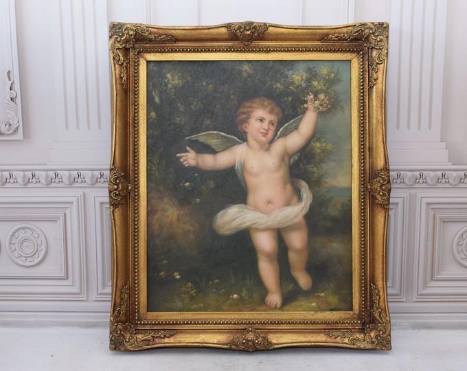 Unique Sacral Painting - Painting in Gold Frame - Cherub Angel Painting - Wall Decor Decor - Church Decor - Gift Idea for Birthday