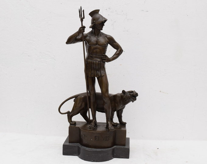 Roman Gladiator with a tiger bronze figurine - Roman bronze sculpture art work - garden statue -