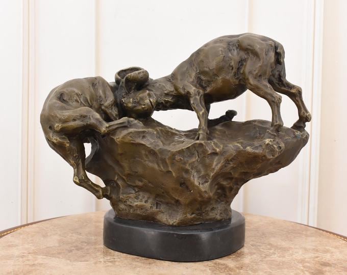 Fighting Rams Bronze Sculpture: Vintage Rustic Animal Art