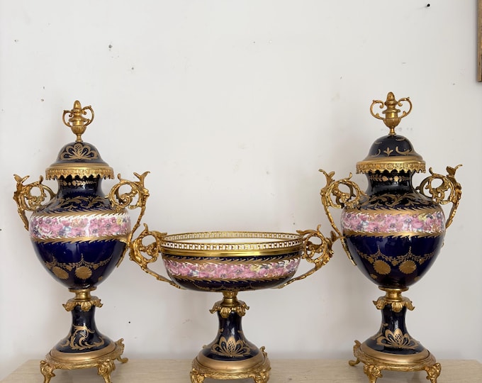 Vintage Porcelain Garniture Set - Pair of Amphora Urns & Centerpiece Bowl - Bronze Mounted