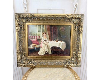 Vintage Lady Portrait Oil Painting on Wood - Victorian Woman Interior Scene - Ornate Gold Frame - Romantic Wall Art