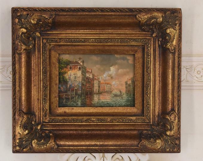 Venice Canal Painting – Italian Cityscape Art in Golden Frame