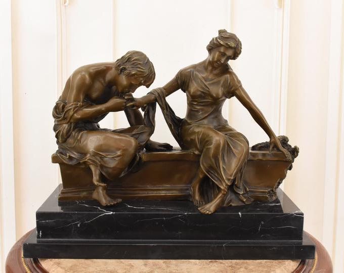 Large Bronze “Loving Couple” — Man Kissing Woman — Heavy Solid Bronze Statue on Marble Base — Mythology-Style Gift Sculpture