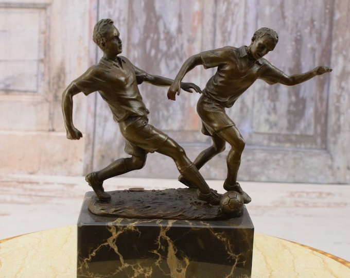 Two soccer players bronze sculpture - footballers bronze figurine - soccer sport statue -